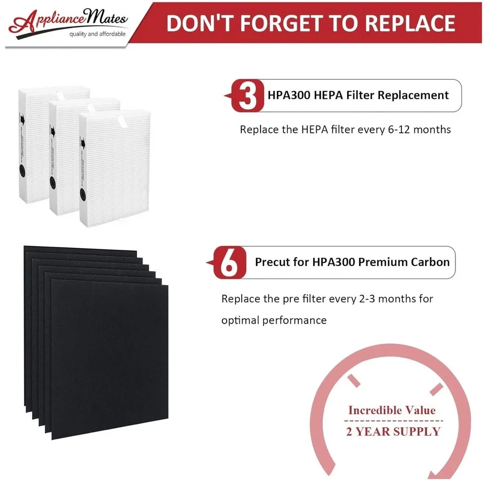 3 True HEPA R Filters & 6 Pre-cut A‎ Carbon Pre Filters for HPA300 Air Purifier